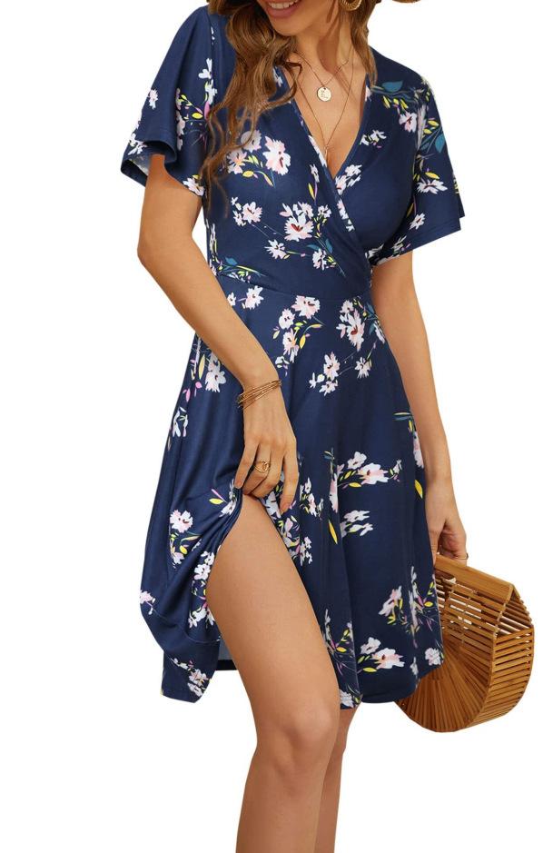 Summer Floral Short Sleeve Wrap V-Neck A Line Midi Dress