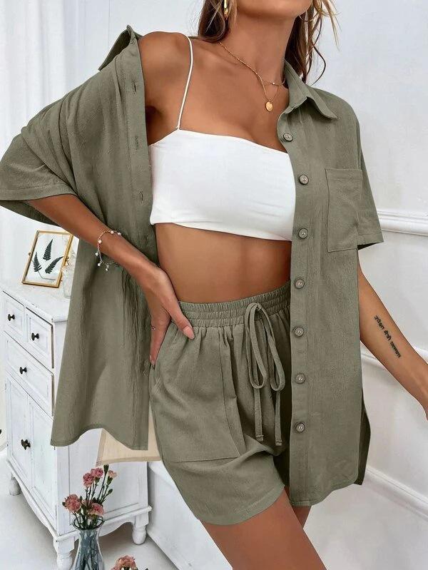 Women's Solid Color Short Sleeve Casual Shirt & Shorts Set - Loose & Stylish Two-Piece
