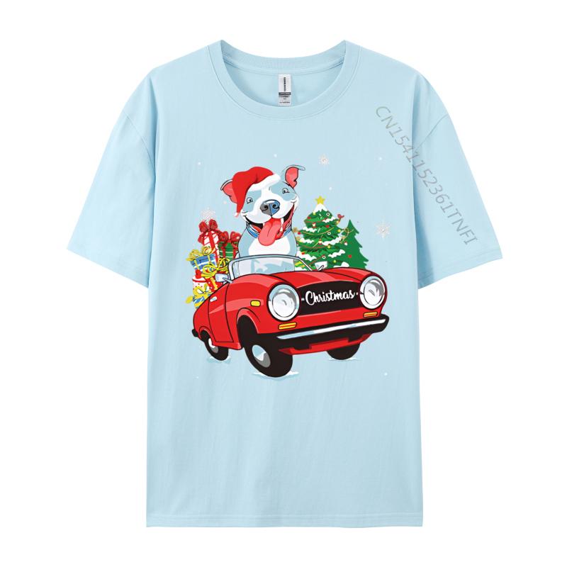 Cute Pitbull Dog Santa Hat Red Car Christmas T Shirt Tees High Quality Cotton Printed Gift T Shirt Men 100 Cotton