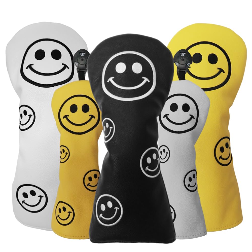 

High quality PU leather golf head cover for driver 440cc 460cc wood utility UT cover smile black white yellow single item 1 item black 1 (for driver,
