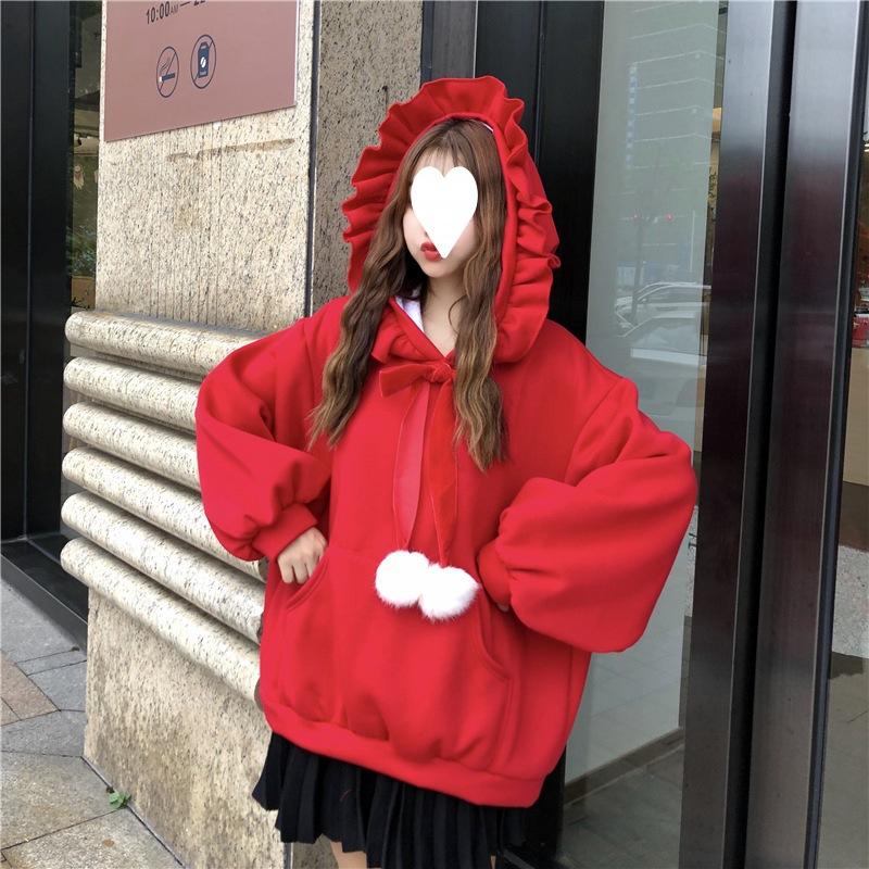 Herbst und Winter Koreanische Version des Neuen Kapuzen-Studenten Locker Verdickter Samt Weihnachts-Mantel Top