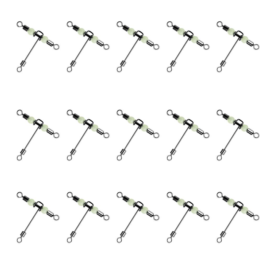 15Pcs Barrel Rolling Swivels Fishing Tackle with Luminous Beads Cross Line Swivels T Shape Swivel Catfish Rig Swivels