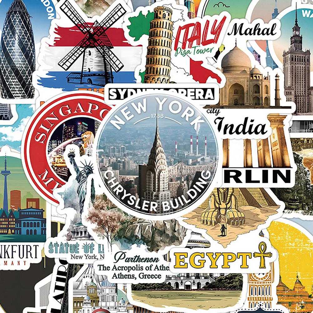 10/30/50pcs Cartoon World Famous City Landmark Building Stickers Decals DIY Scrapbooking Phone Guitar Diary Graffiti Sticker Toy
