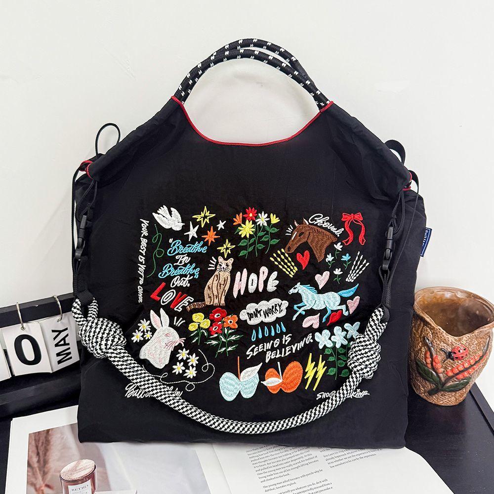 Large Capacity Embroidered Eco Nylon Shopping Tote - Versatile Shoulder/Handheld/Crossbody Bag