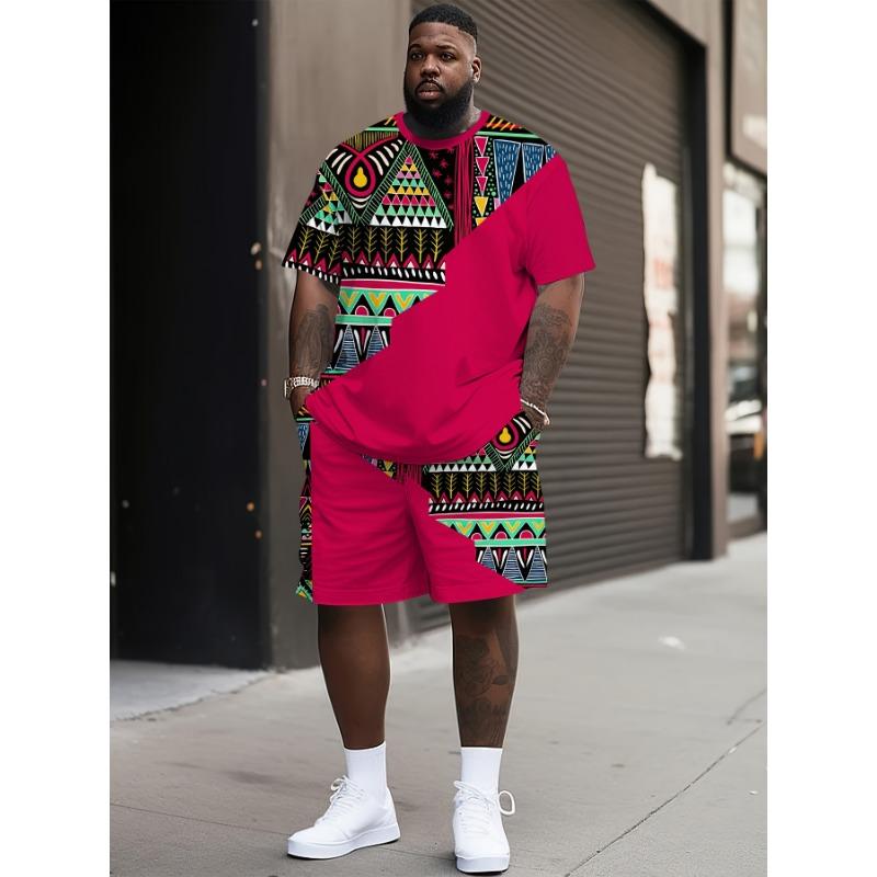 Мужской летний костюм большого размера, повседневный спортивный комплект из футболки в полоску и шорт - Дышащая смесовая полиэстеровая ткань, Машинная стирка, Большие размеры S