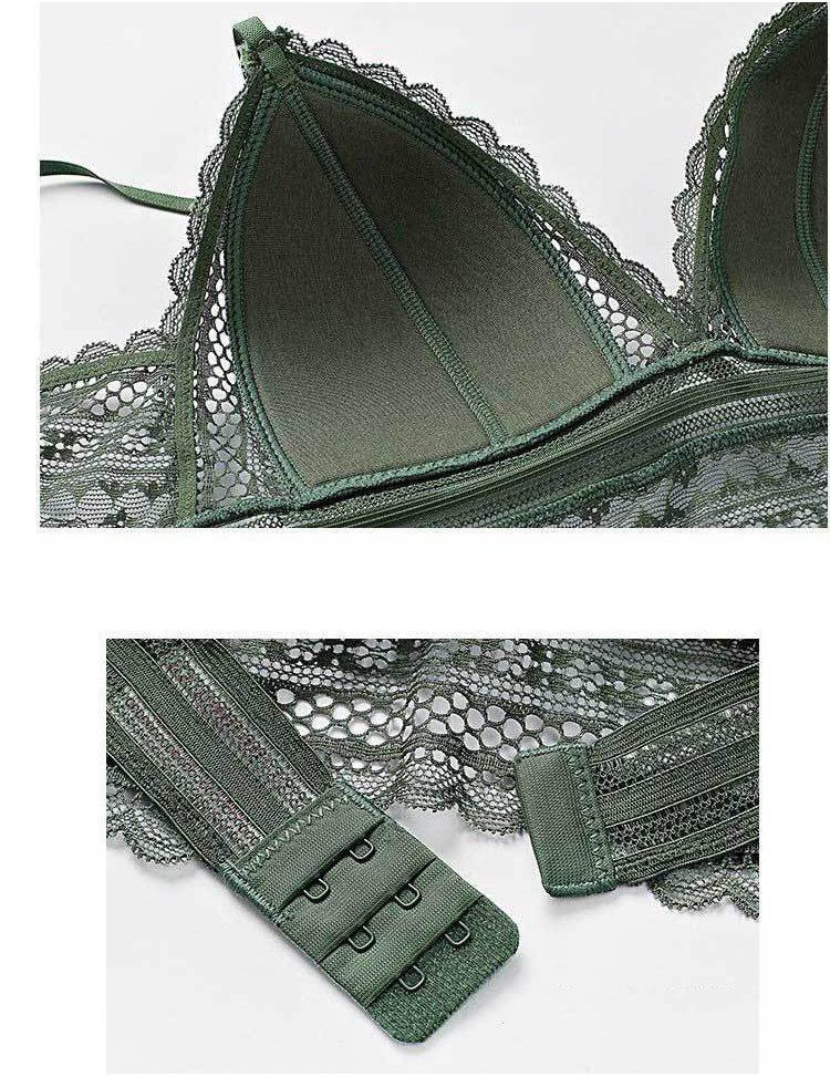Sexy Spitzen-Bügelloses BH-Set mit tiefem Rücken, dünnen Baumwoll-Push-Up-Polstern und Schmetterlingsknoten-Design