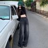 American retro wide-leg pants spring black and gray loose drape floor mopping high-waisted straight jeans women's high street