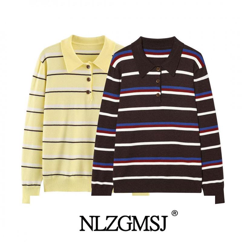 European and American Style Winter 2025 Retro Stripe POLO Collar Shirt with Sweater Small