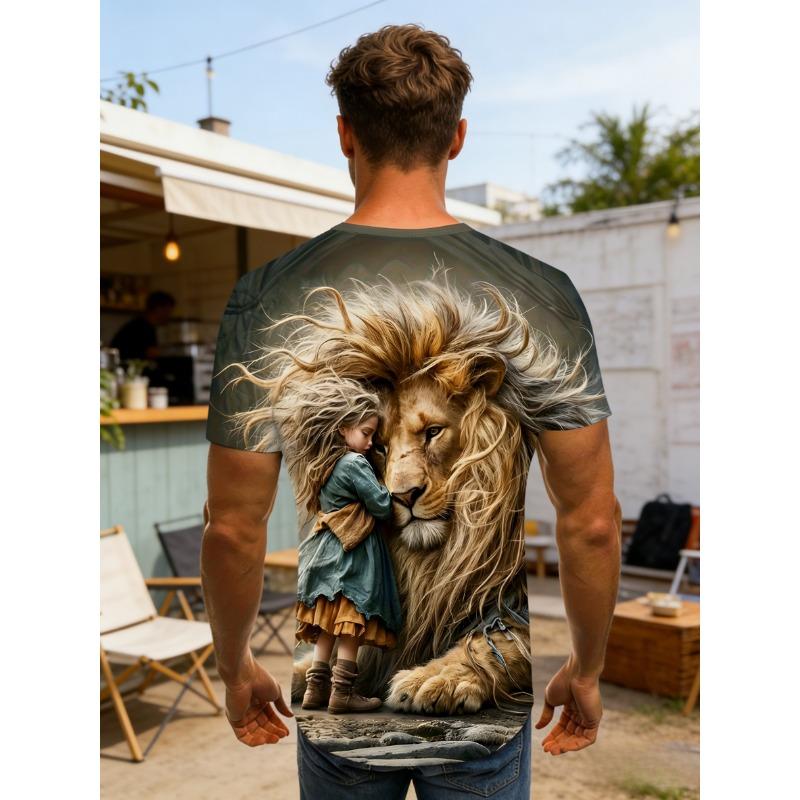 Men's Beautiful Girl and Lion 3D Printed T-Shirt Casual Short Sleeve Crewneck Top Cute Fairy Tale Style Animal Graphic Tee Harajuku Fashion Apparel