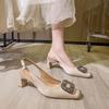 Baotou Sandalen Damen 2025 neu Sommer dicker Absatz leer einzelne Schuhe mittlerer Absatz Strassschnalle Französische eckige Spitze High Heels