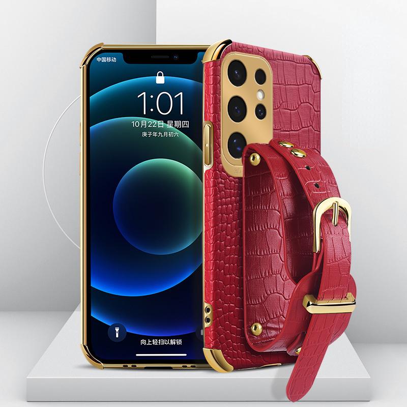 Crocodile Pattern Phone Case For Samsung Galaxy S25edge S24 FE S23 S22 S21 Ultra Plus FE Note 20 9 8 Back Cover With Wrist Strap
