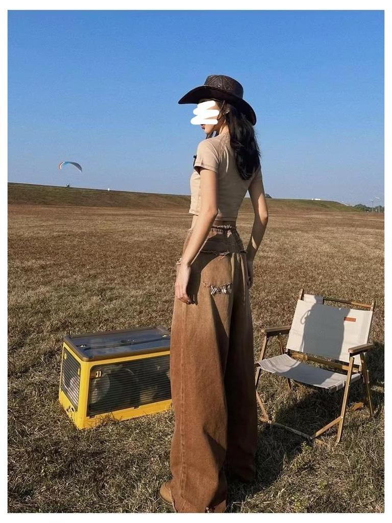 Women's American Retro Gradient Jeans: Large Size, Slim, Wide-Leg, Raw Edge Design for Spring and Autumn