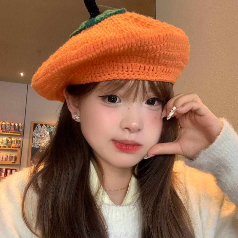 Japanese Persimmon Beret Kawaii Y2K Painter Hat Personality Knitted Hat  Women