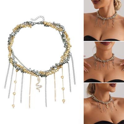 Irregular Beadwork Heart Tassels Necklace with Snake Pendant Portable for Women Seek Unique Trendy Accessories