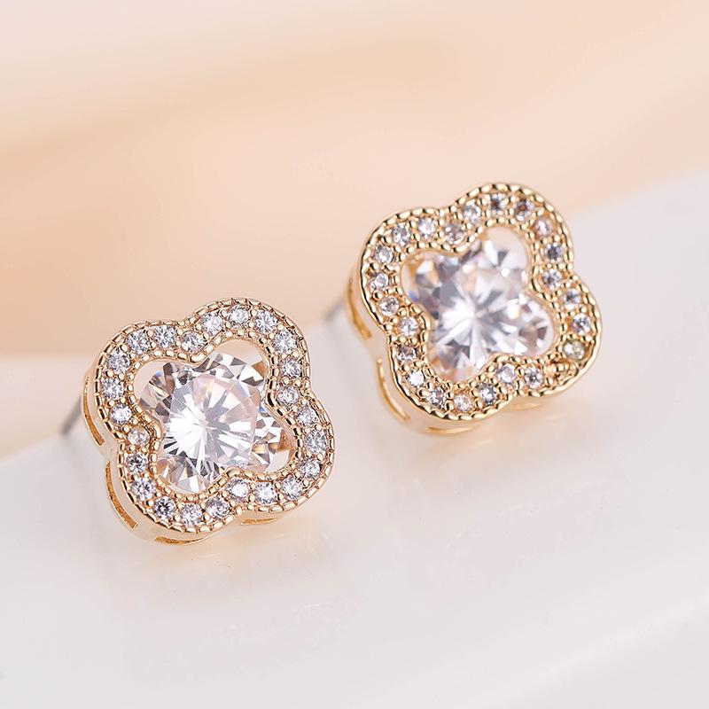 Dongdaemun Four-Leaf Clover Gem Inlaid Metal Ear Studs - Women s Jewelry