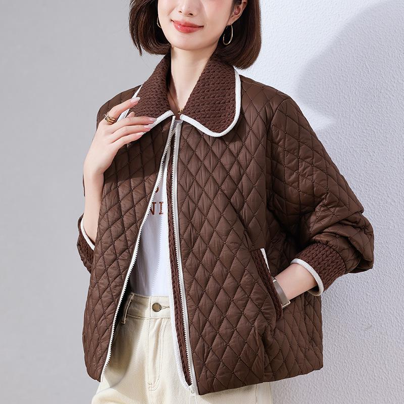 Women's Short Quilted Diamond Cotton Jacket - 2024 Autumn/Winter Casual Loose Fit for Middle-Aged Women