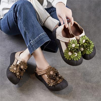 Květinové dámské boty Etnický styl Retro Pravá kůže Měkká podrážka Ploché boty