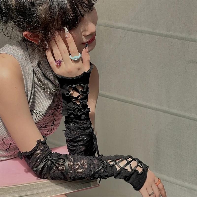 Women Strapping Lace Fingerless Hot Sexy Arm Sleeves DIY Lace-up Sunscreen Gloves Elastic Mesh Punk Gloves Clothing Accessories