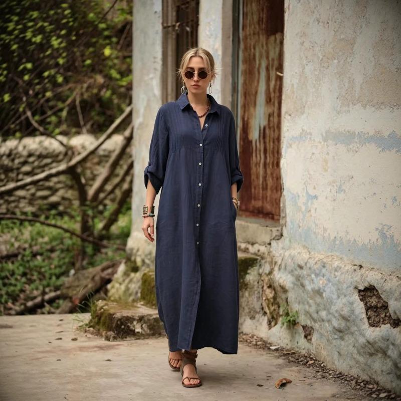 BITCED Fashion Summer Spring Solid Color Print Long Sleeve POLO Neck  Casual Dresses