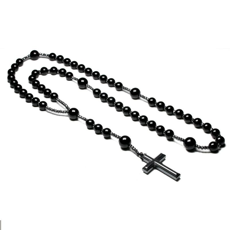 Natural Black Onyx Beads Catholic Christ Rosary Necklaces Hematite Cross Pendant Men Necklace Meditation Mala Jewelry