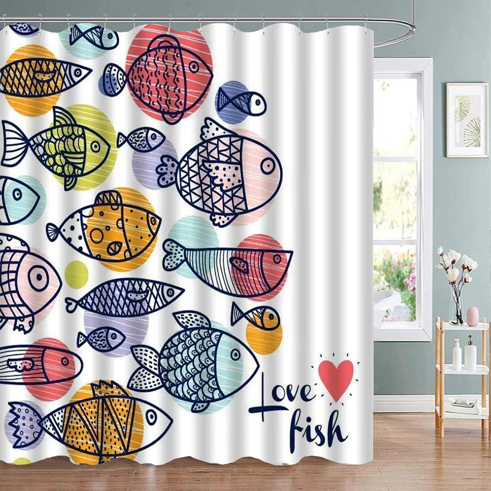 Colorful Cartoons Fish Shark Shower Curtains Ocean Life Children's Bathroom Home Decor Cloth Curtain Set Waterproof Bath Screens