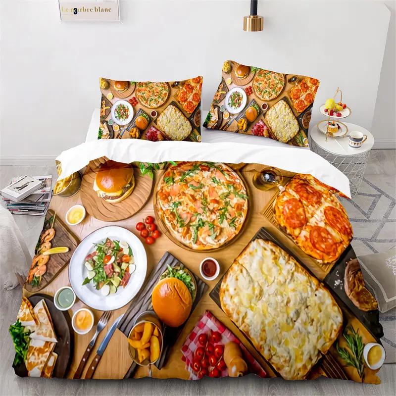 Kreativer Fast Food Bettbezug Pizza Hamburger Druck Bettdeckenbezug Mikrofaser Bettwäscheset King Queen für Kinder Teenagerzimmer Deko