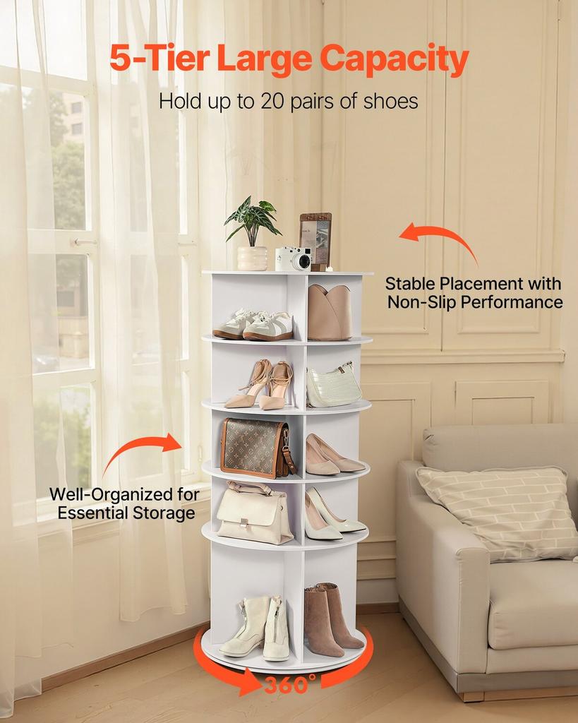 5 Tiers Rotating Shoe Rack Tower, 360° Spinning Shoe Rack, Revolving Storage Round Carousel Display, Freestanding Lazy Susan Organizer Display for