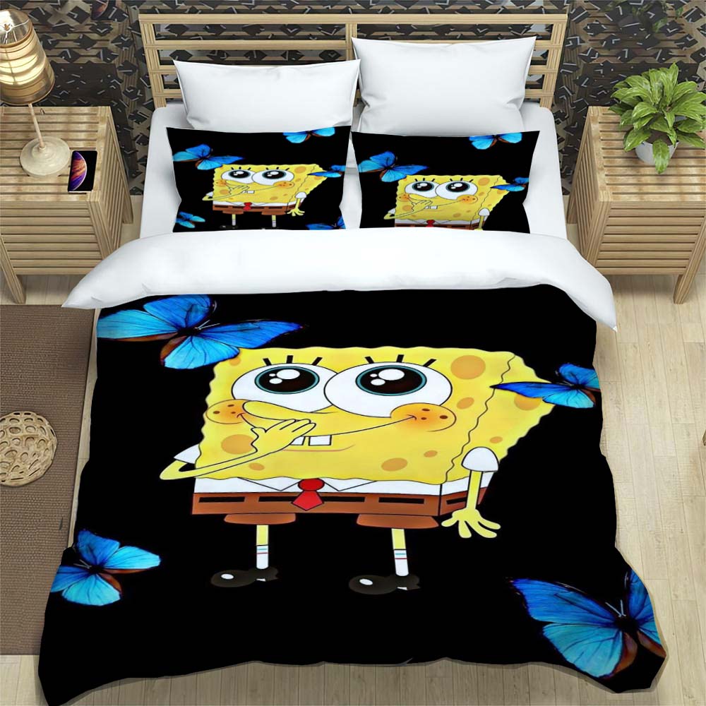 

3D Sponge Bob Square Pants Printed Bedding Set, Cartoon Pattern Duvet Cover and Pillowcases, Single/Double Bed Sheet Sets, 135x200cm
