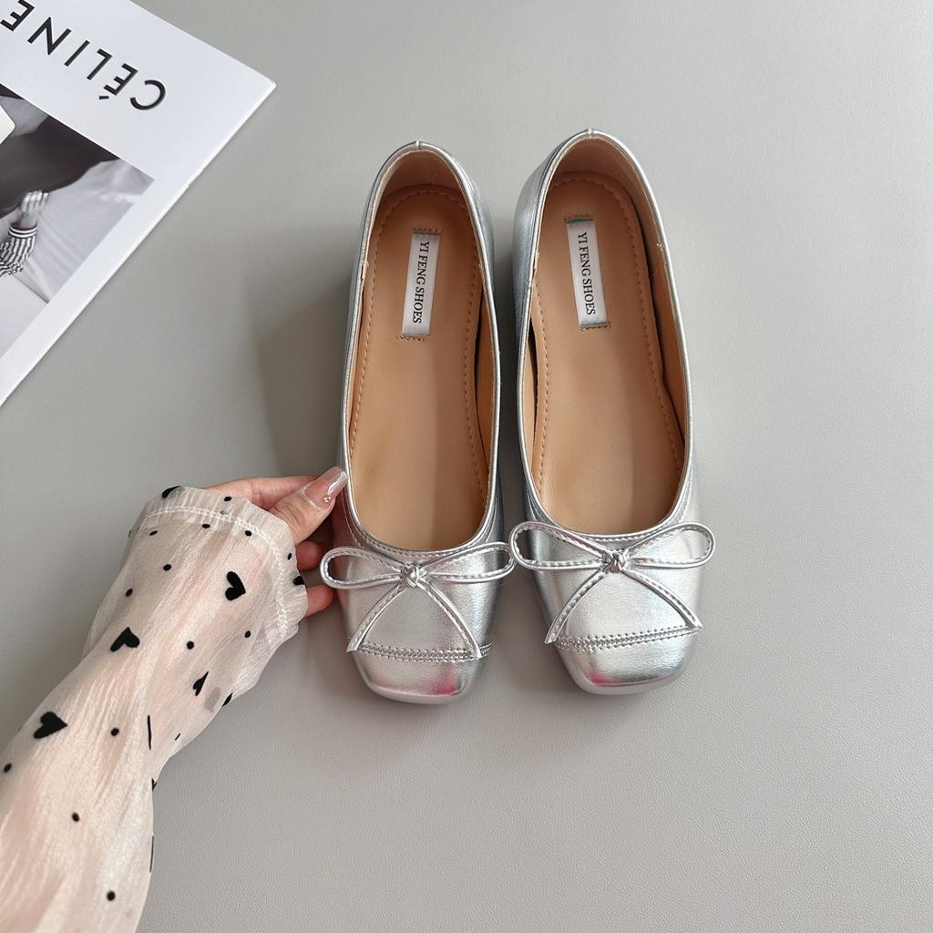 Square Head Bow Inner Height Increased by 5 Cm Ballet Shoes Cold Temperament Commuting Shallow Mouth Single Shoes Fashion Women's Shoes