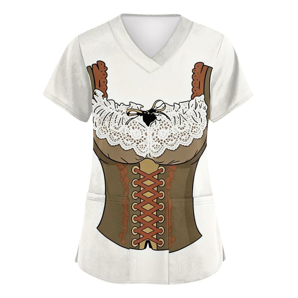 Women V Neck Short Sleeve Work Shirt with Pockets Oktoberfest Printed Top Nursing Uniform Medical Scrub Tee for Healthcare Staff
