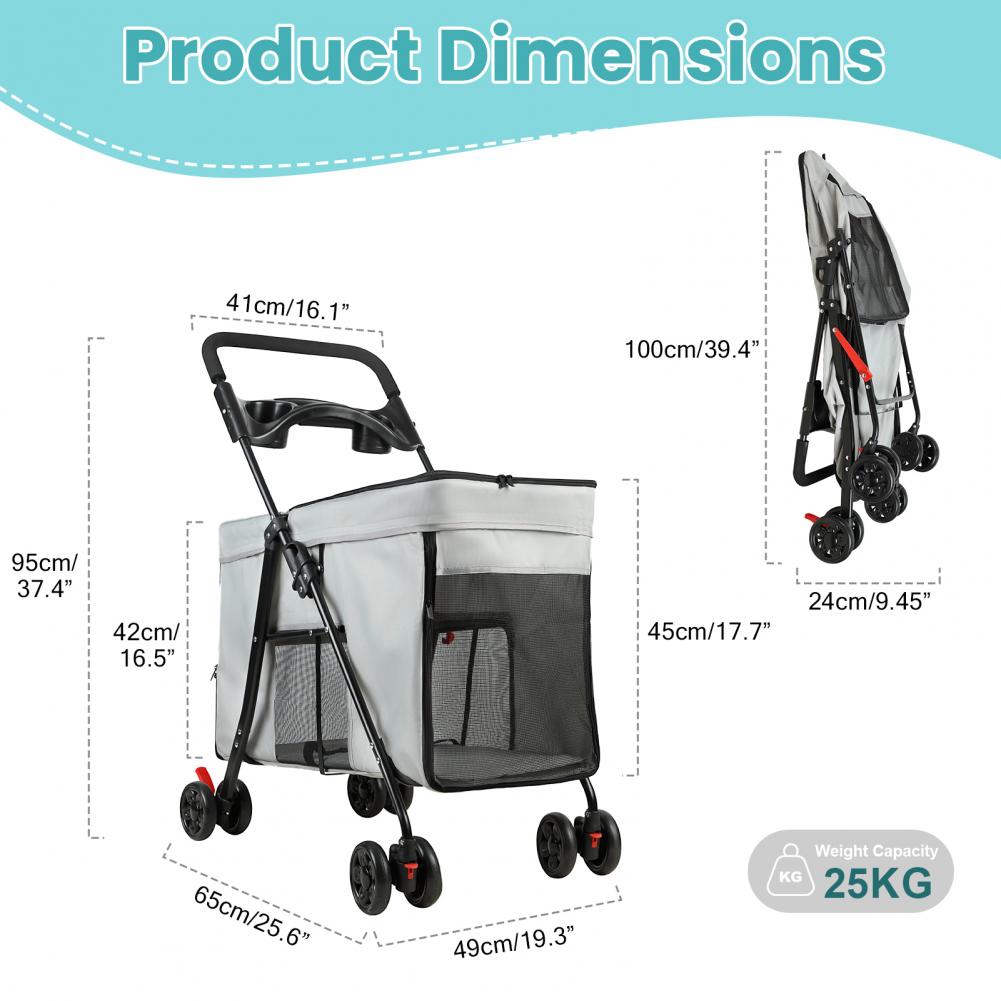 Pet Travel Stroller for Small Medium Dogs 360° Wheels Foldable Design 5 Ventilation Windows Removable Tray Outdoor Dog Cart