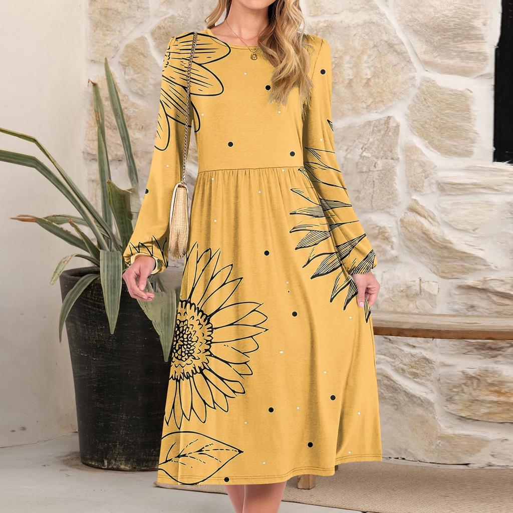 Women's fashionable loose retro printed round-neck dress