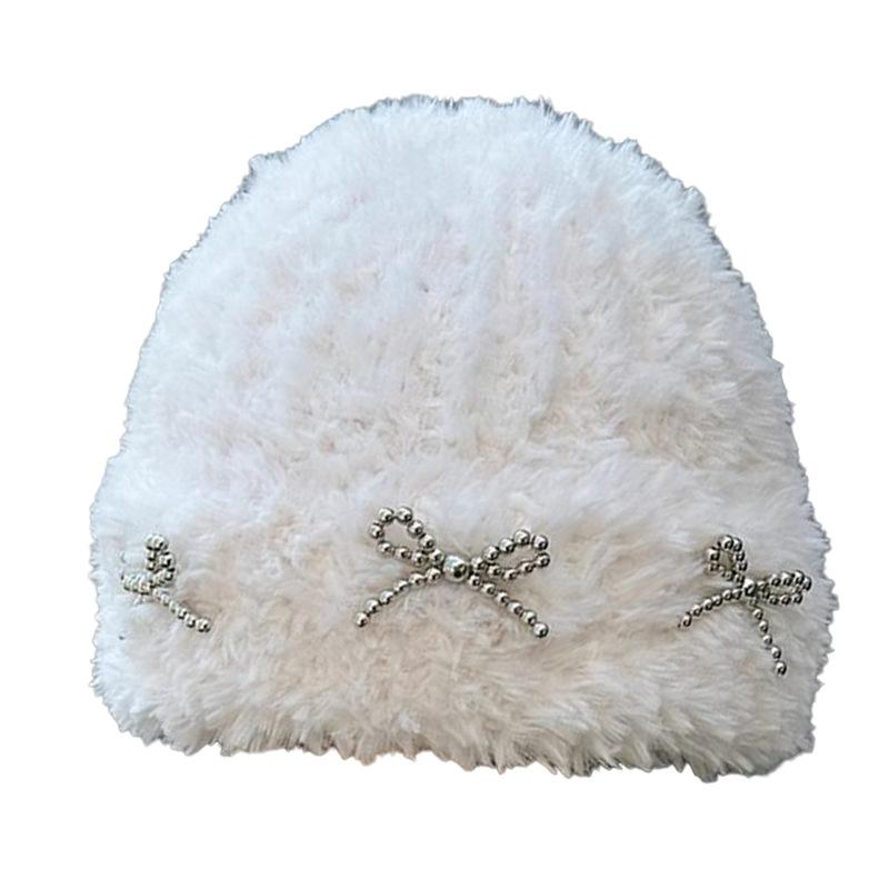 Autumn and Winter Pearl Bow Breast Plush Hat Korean Bag Head Curled Cold Hat Couple Playful Knit Hat