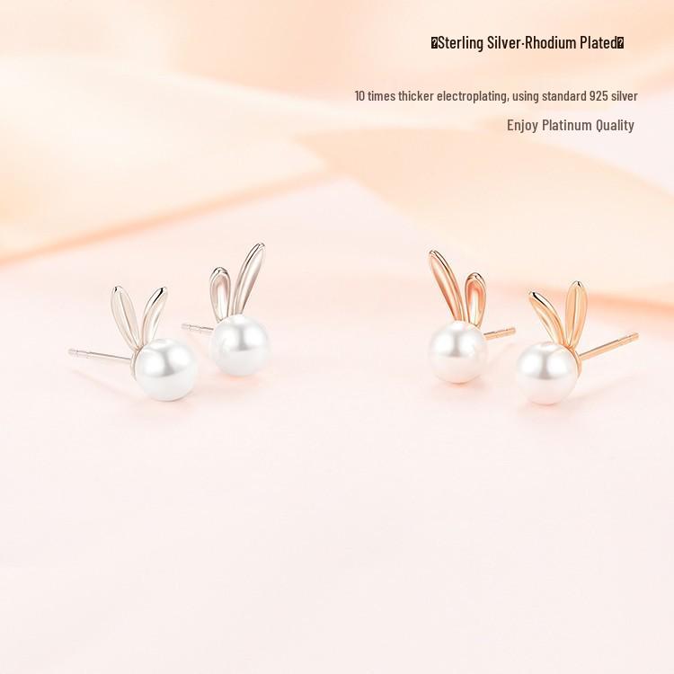 Sterling Silver Rabbit Pearl Stud Earrings with Zircon