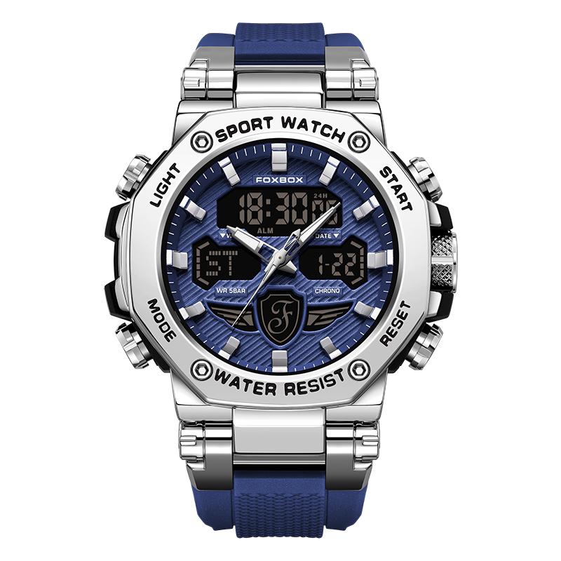 For FB0062 Luxury Gold Sport Watch Men 50m Waterproof Quartz Luminous Hands Chronograph Digital Watch Alarm Stop Silicone Watch