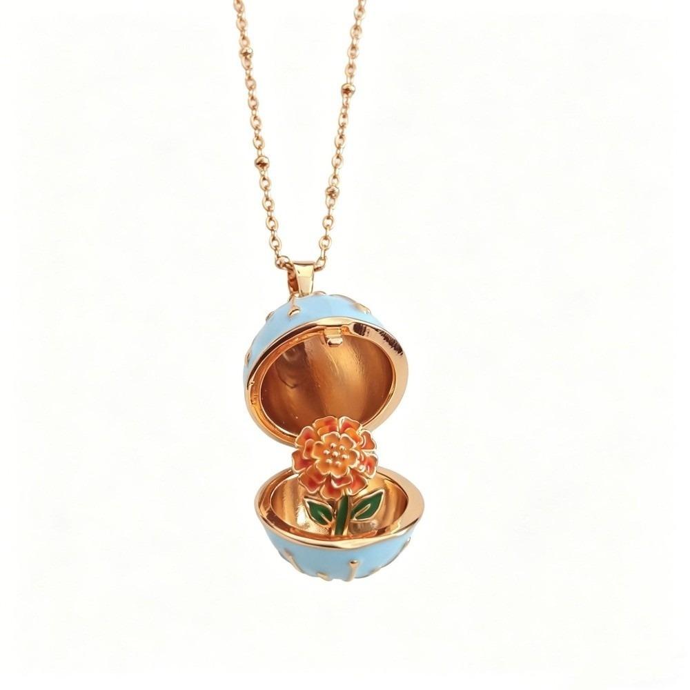 Round Egg-shaped Box Openable Flower Necklace Copper Pendant Jewelry Accessories Anniversary