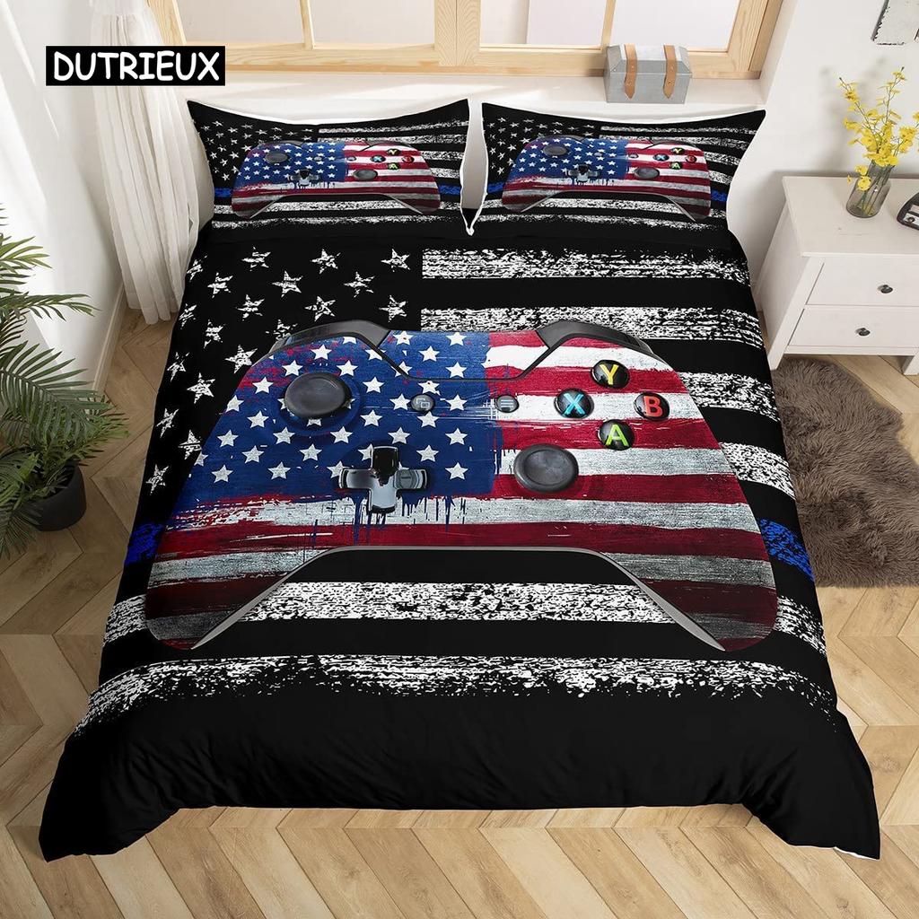 Gamepad Duvet Cover Set Queen Video Game Twin Bedding Set Microfiber Green Cartoon Gamer Pattern Electronic Theme Quilt Cover