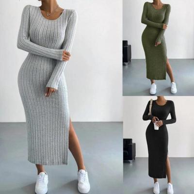 2025 Autumn/Winter Bestseller: European and American Women's Long-Sleeved Round Neck Slit Knit Dress.