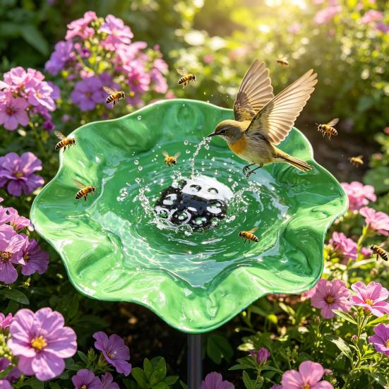 Handmade Flower Garden Stake Ground Insert Bee Butterfly Watering Station Decorative Bird Bath Pollinator Drinking Bowl for Outdoor Yard Lawn Decor