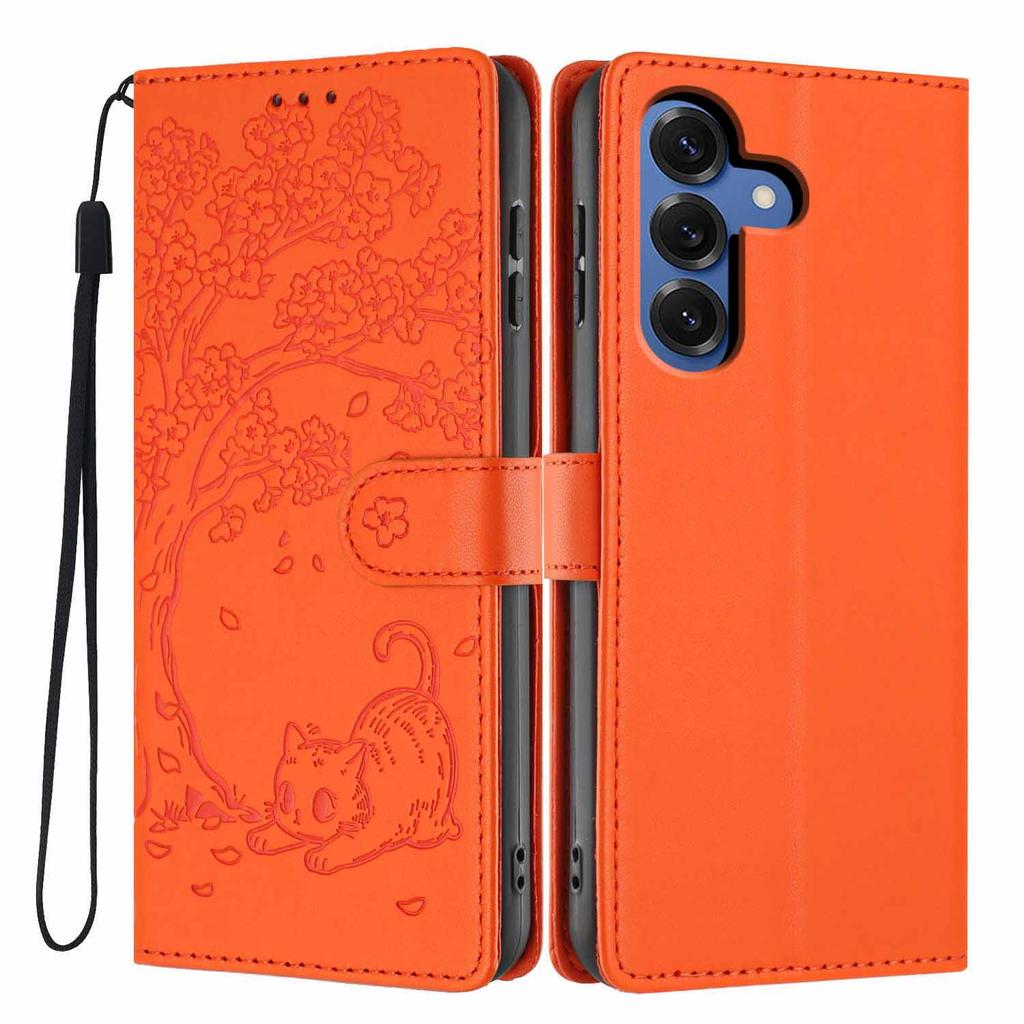 For Samsung Galaxy A37 5G Stand Case Tree-and-Cat Pattern PU Leather Wallet Protective Phone Cover with Wrist Strap