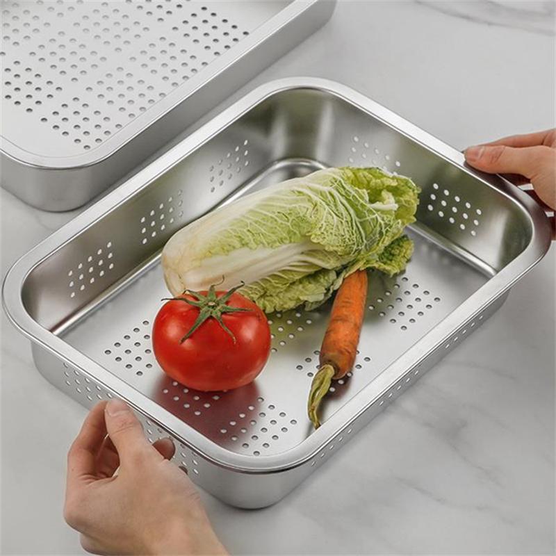 Vassoio di scolo rettangolare per alimenti da cucina, in acciaio inox, per pasticceria, pane, verdure, frutta, con coperchio