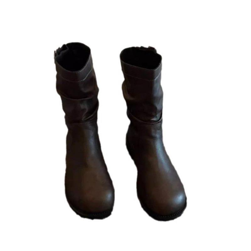Niche Round-toe Pleated Boots, Retro Simple, Slimming, Low-heeled Martin Boots, New Plus-size Boots for Autumn and Winter