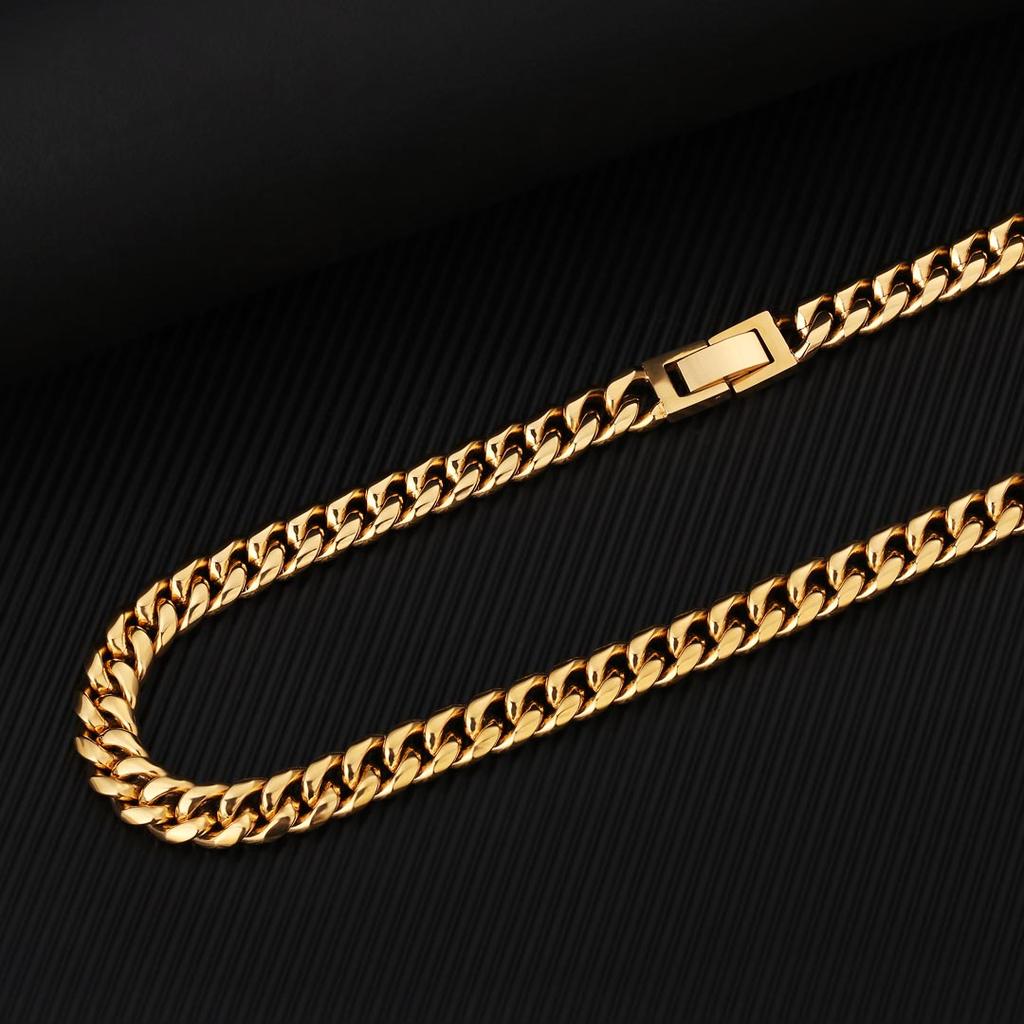 KRKC  Jewelry 8mm 10mm 12mm 18K Gold PVD Stainless Steel Miami Cuban Link Necklace Fold Over Clasp Mens Chains