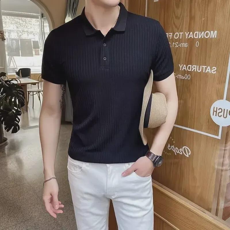 2024 Summer Striped Ice Silk Short-Sleeve Polo for Men - Breathable & Versatile