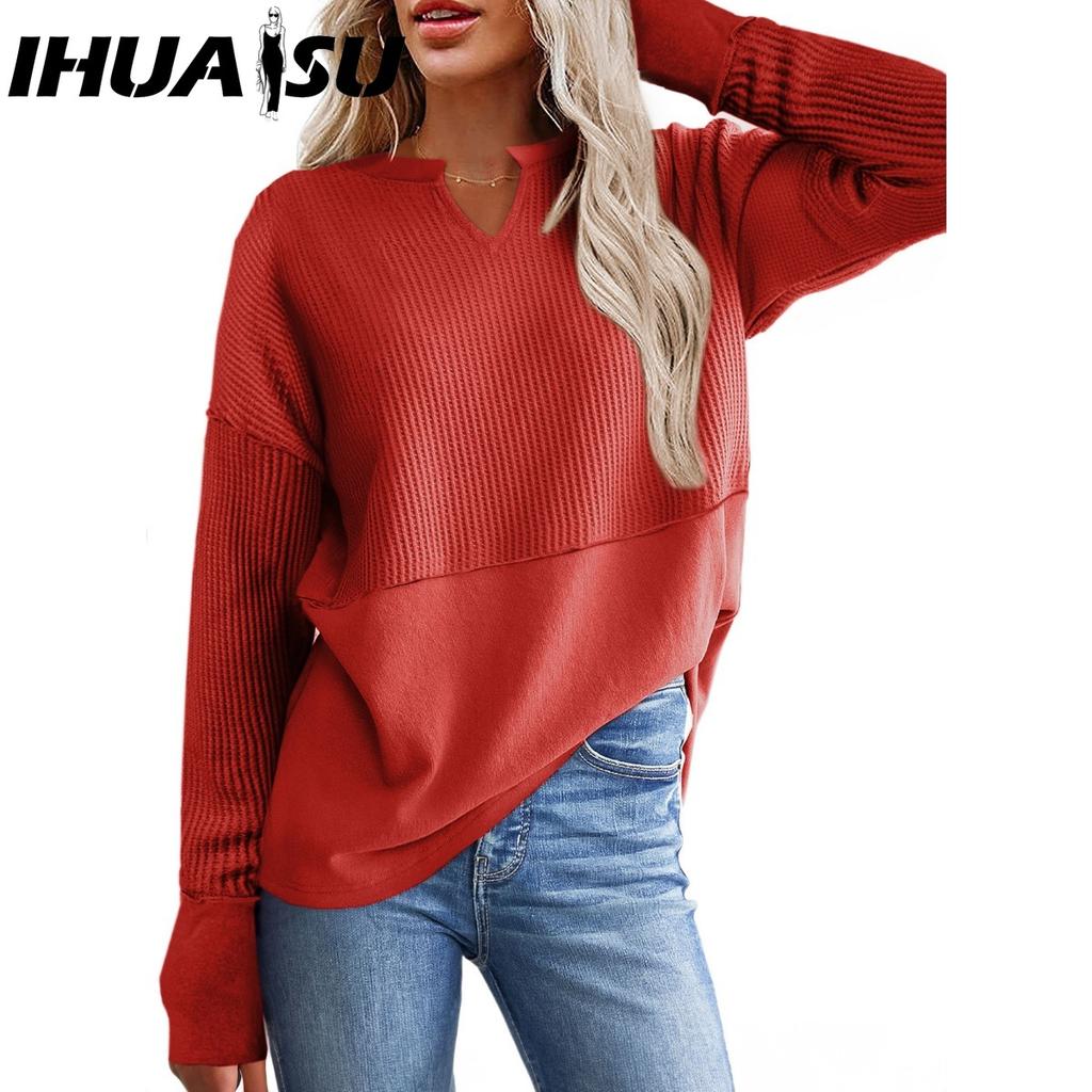 IHUASU Autumn Winter Women's Casual Shirt Solid Color Long Sleeve Splicing Solid Color Loose Hoodie Women On