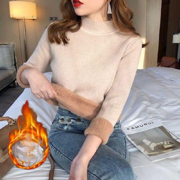Add Fleece Base Slim-fit Sweater Women's Half Turtleneck One Thick Fleece Sweater Women's New Wintertime Half Turtleneck