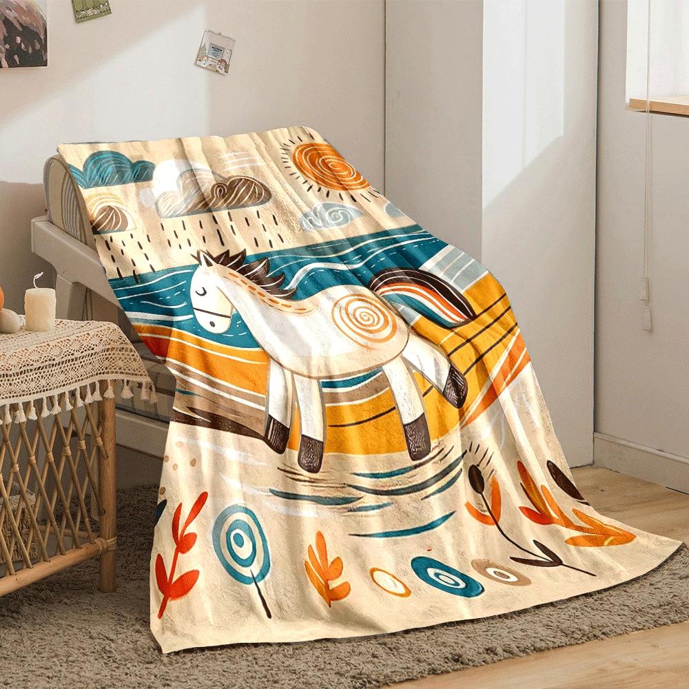 A Stylized Horse Amidst Swirling Patterns of Sun, Rain, and Nature. for All Seasons Blanket Lunch Break Throw Gift