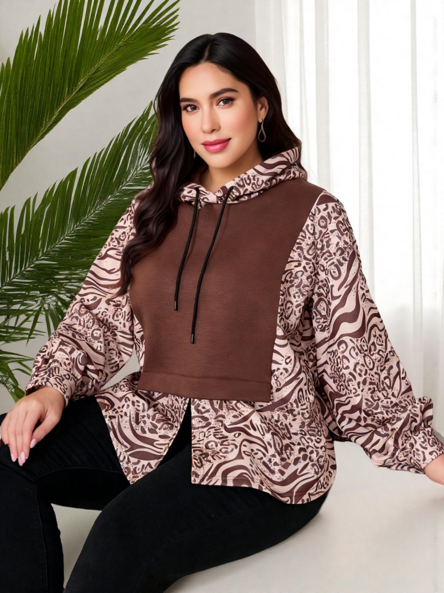 Women s Plus Size Casual Leopard Print Hooded Sweatshirt with Irregular Hem 4XL коричневый/кофейный