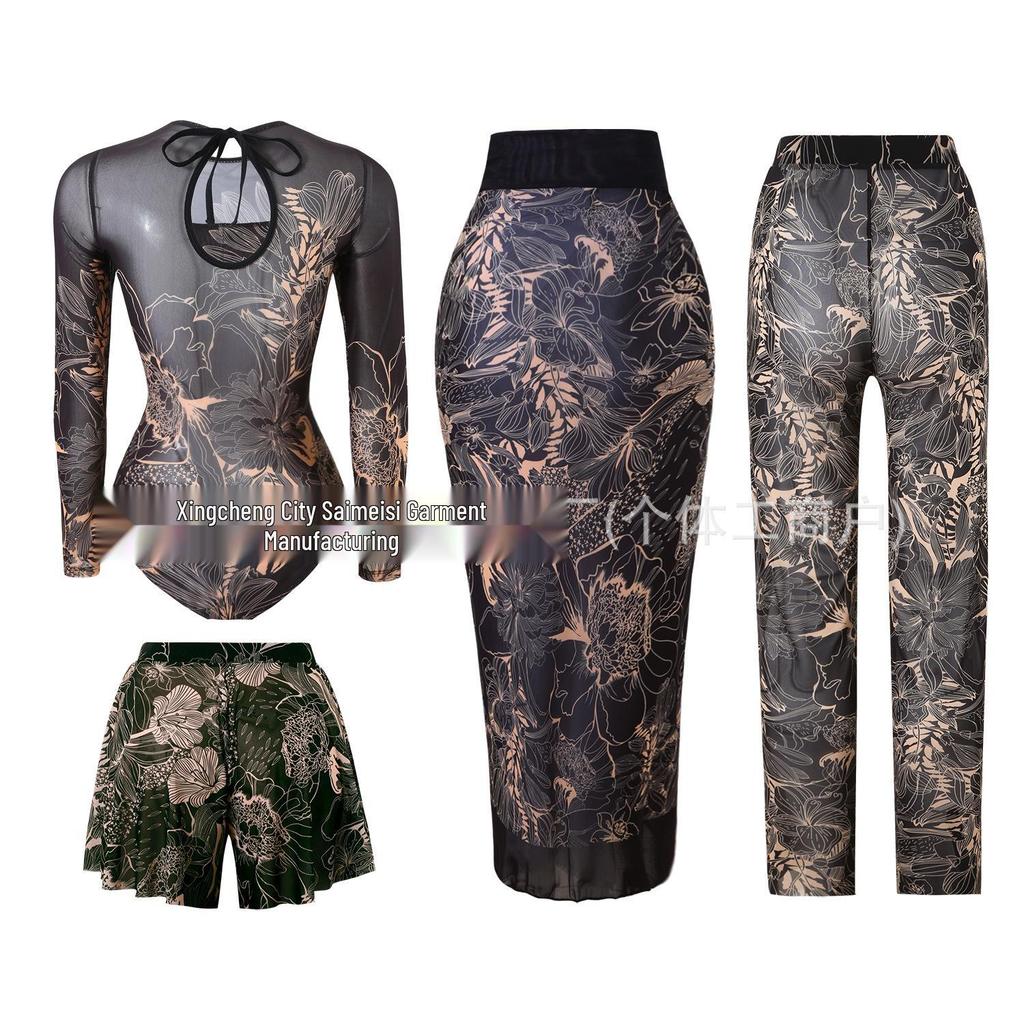 Women's Four-Piece Sun Protection Swimsuit Set with Long-Sleeved Top and Mesh Pants