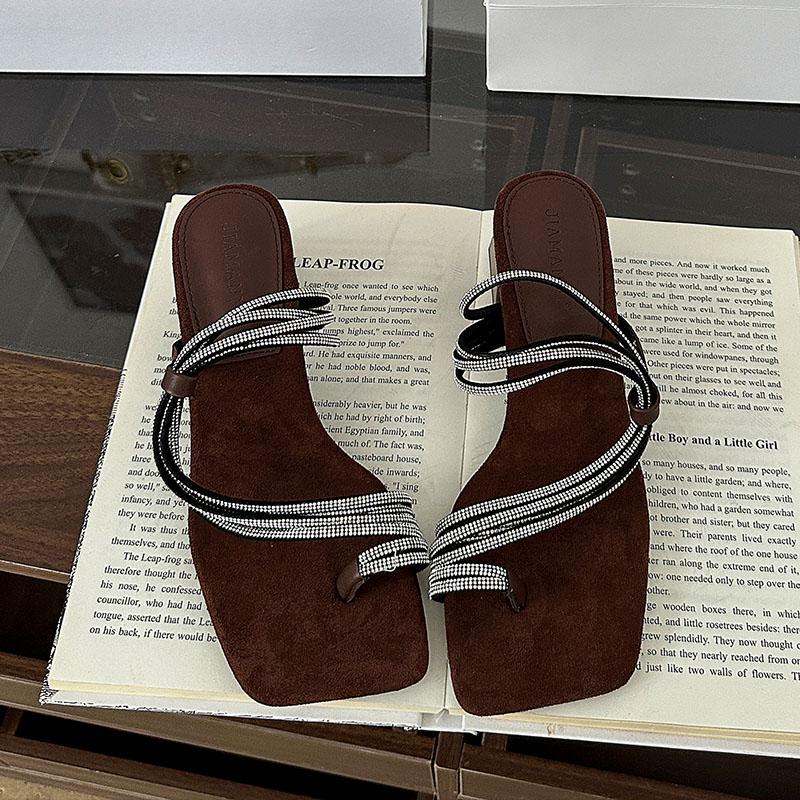 Fashion Luxury Fashion Rhinestones Ladies Square Heels Pumps Shoes Female Slip On Footwear Women Heels Pumps Slides Shoes Sandals